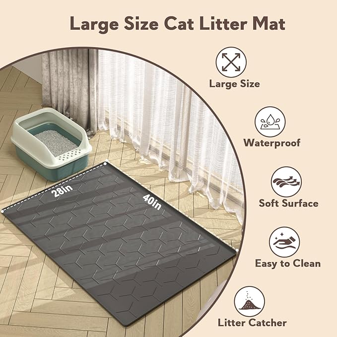 Garoopion Cat Mat for Litter Box, Large 40" X 28" Cat Litter Mat XL, Waterproof Silicone Pad for Floor, Black