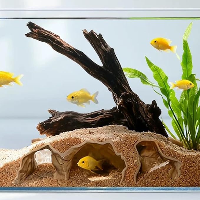 LIYAOLI 3D Printed Aquarium Cave Tunnel with Viewing Ports | Fish Tank Decor Hideout for Pleco,Fish Shrimp and Betta & Corydoras with Multiple Caves for Fish Tank Aquascape Decoration (M - Sand Color)