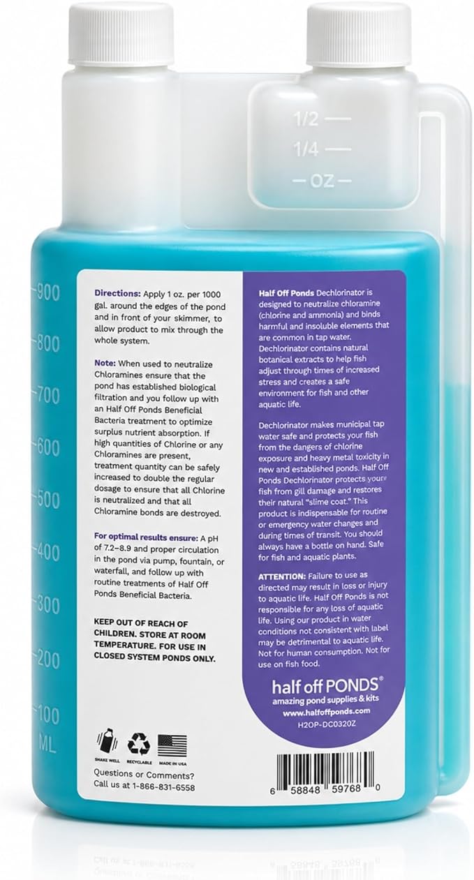 HALF OFF PONDS Dechlorinator Pond Water Conditioner, 32 oz – Removes Chlorine & Chloramine, Detoxifies Ammonia & Nitrites – Safe for Fish & Plants