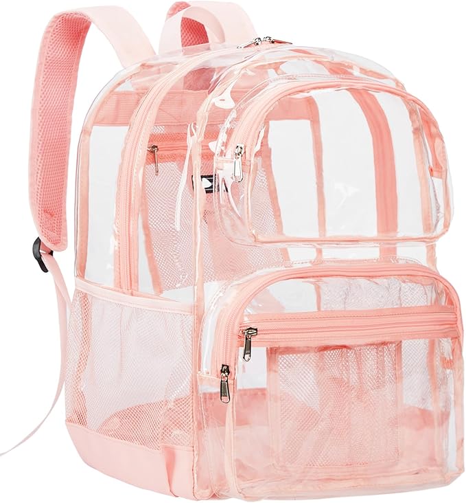 Vorspack Clear Backpack for School - Heavy Duty See Through Bookbag for Girls Boys Extra Large Transparent Backpacks for Work, Travel - Pink