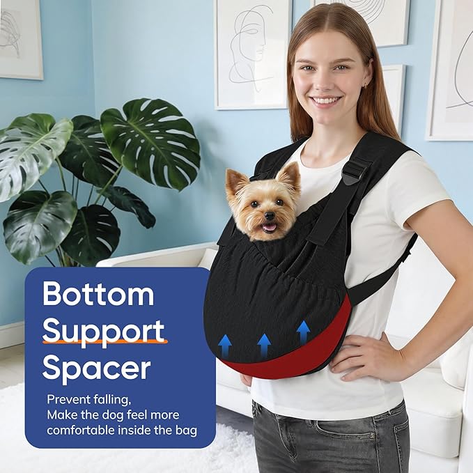 Supet Dog Sling Carrier, Hands Free Adjustable Puppy Pouch Carrier, Soft Wearable Pet Front Bag for Dachshund & Teacup Dogs, Anti-Anxiety Chest Carrier with Back Pain Relief (Black, Regular)