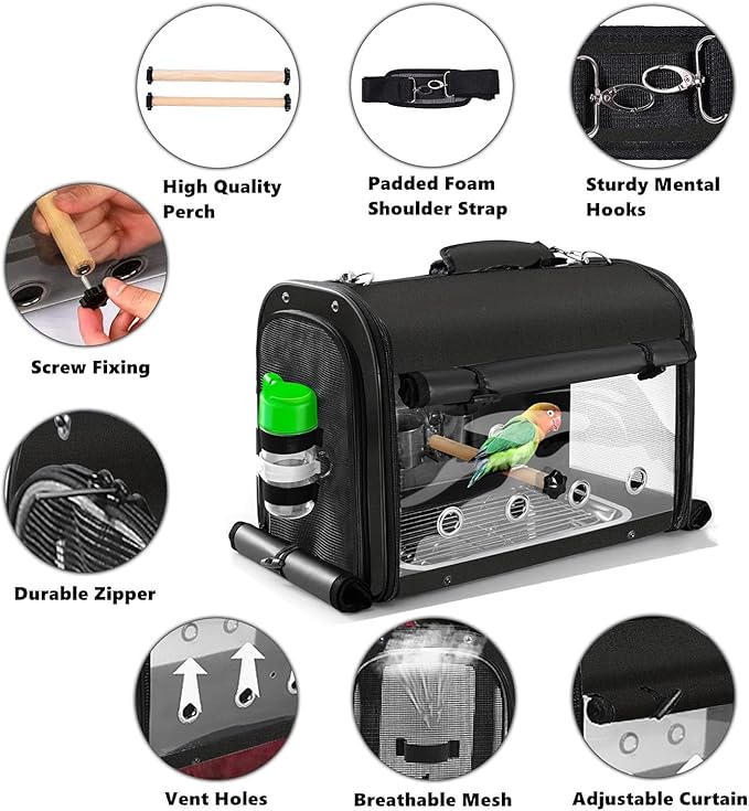 Bird Carrier Bag Bird Travel Cage with Stand, Lightweight Backpack for Parrot, Portable Bird Travel Bag, Pet Transparent Breathable Travel Cage, Black