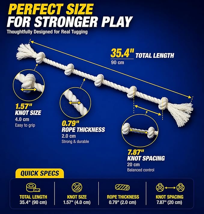 35" Dog Rope Tug Toy – 5-Knot Cotton Rope, Perfect Balance for Tug & Chew, Durable Interactive Toy for Medium & Large Dogs (22–88 lbs), Indoor & Outdoor, Washable, White