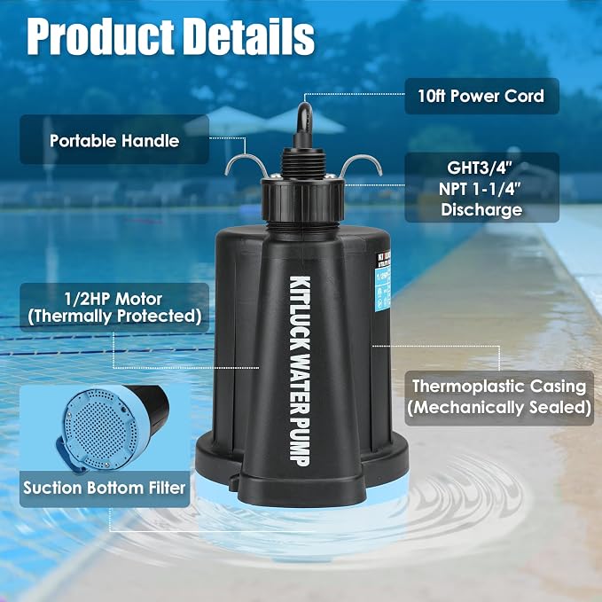 KITLUCK Submersible Water Pump, 1/2HP Thermoplastic Sump Pump, Portable Utility Pump with 10ft Cord, Hose Adapter, 2000GPH High Flow Water Removal for Swimming Pool, Garden Pond, Flood Basement, Tub