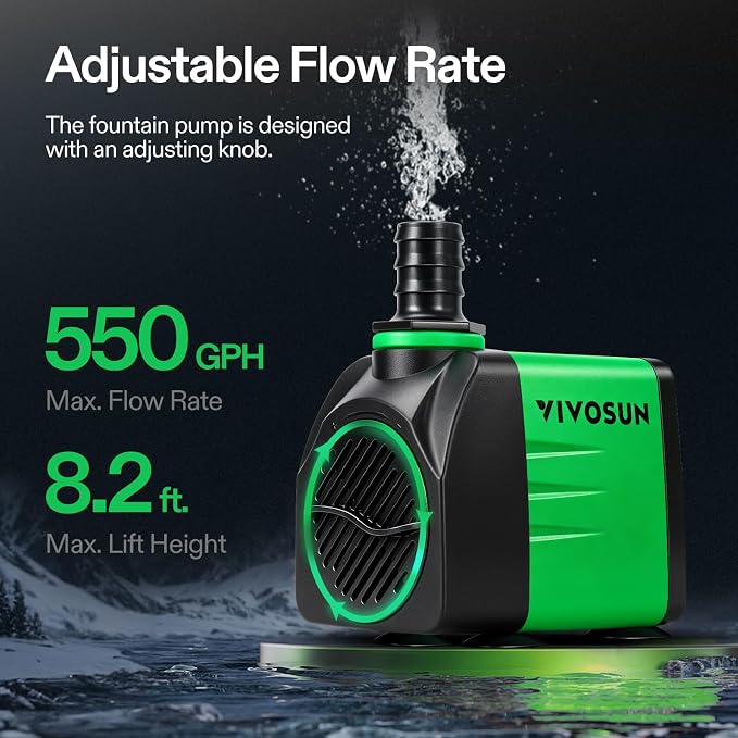 VIVOSUN 550GPH Submersible Fountain Water Pump for Pond, Aquarium, Statuary | 2000L/H, 35W, Ultra Quiet Water Pump with 8.2ft. High Lift and 6.5ft. Power Cord, 3 Nozzles for Hydroponics