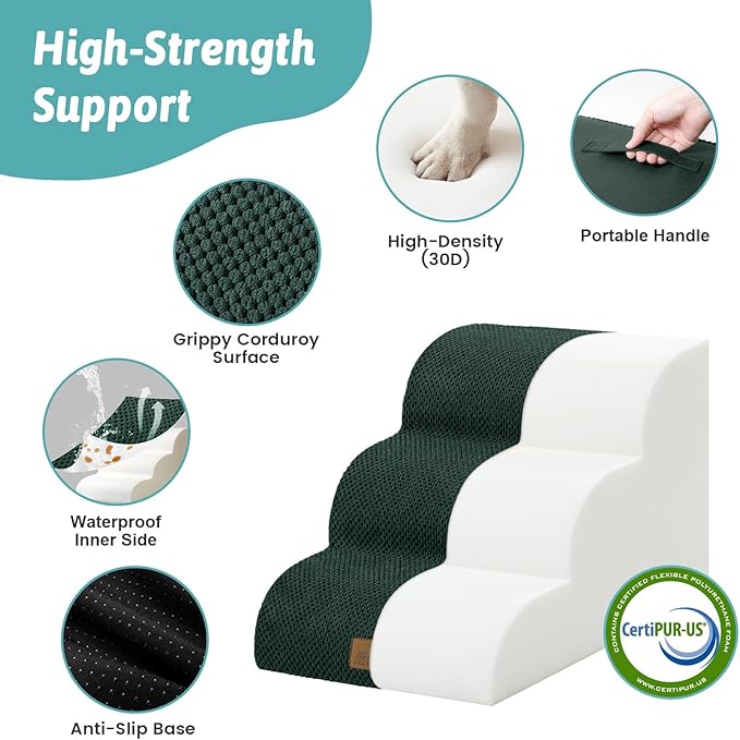 COZY KISS Wide Dog Stairs for Small Dog 15.7" H, Pet Step for Puppy, Older Cat, Curved Ramp for Couch, Durable Anti-Slip Ladder with High Density Foam, 3 Step, 17.7x22.4x15.7 inch, Dark Green
