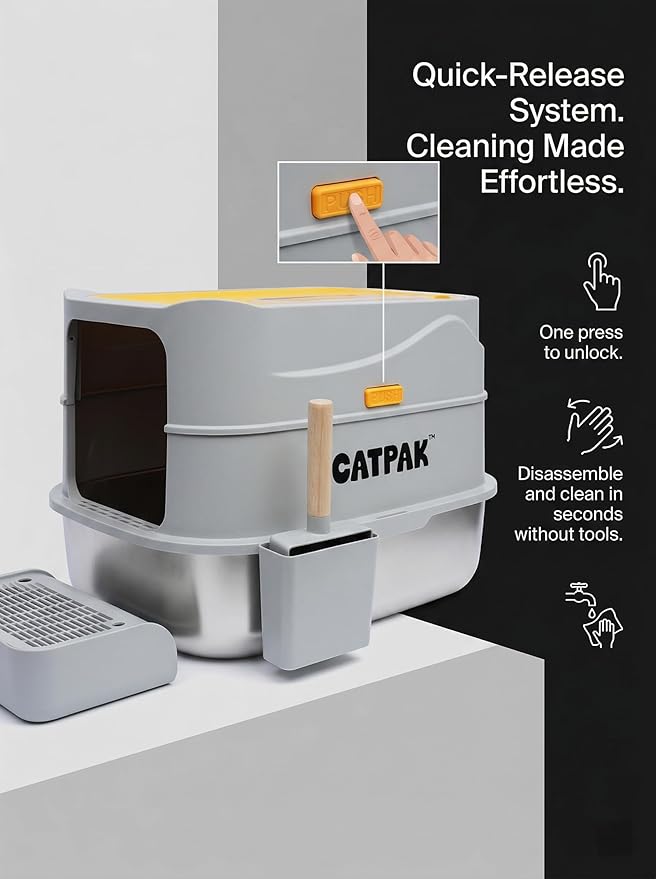 Stainless Steel Cat Litter Box with Removable Cover – Large Enclosed Litter Box with Front & Top Entry, Includes Litter Mat and Scoop for Easy Cleaning (X-Large)