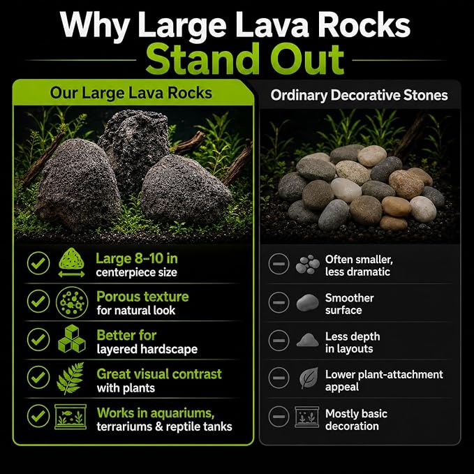 8–10 Inches Natural Black Lava Rocks, 3 PCS Large Aquarium Stones for Aquascaping, Fish Tank Centerpiece Decor, Planted Tanks, Terrariums & Reptile Habitats (Large 8–10 in)