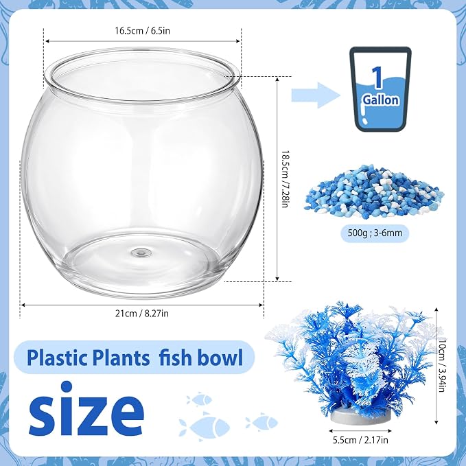 1 Gallon Plastic Fish Bowl,Blue,Blue Aquatic Plant | with Artificial Plastic Plant and 1lb Decorative Gravel, Clear Round Goldfish Fish Tank for Table Centerpiece Home Decor