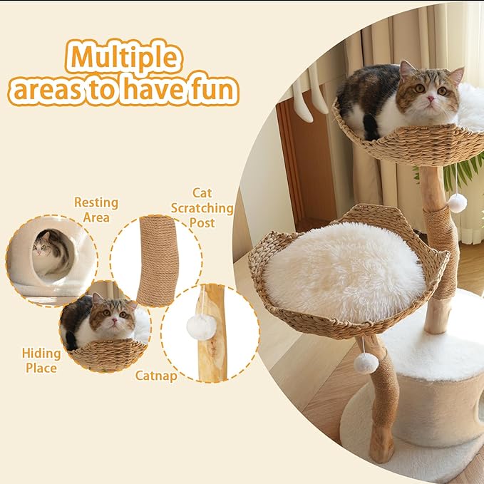 Natural Modern Cat Tree Tower – Wooden Cat Condo with Dangling Ball, Cozy Baskets, Scratching Posts, for Large Indoor Cats, Solid Wood Aesthetic Pet Furniture(43" Tall)