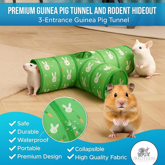 Tunnels with 3-Way Entrance - Cozy, Washable Guinea Pig Hideout - Interactive Cage Toys (Green)