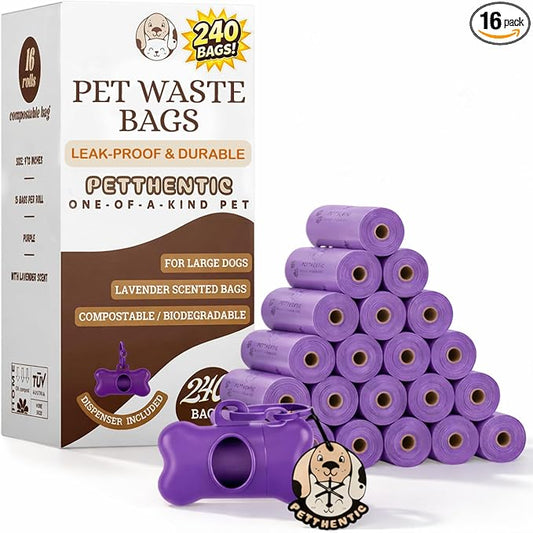 PETTHENTIC Biodegradable Dog Poop Bags with Leash Holder & Dispenser, 240 Count - Lavender Scented, Extra Thick Leak-Proof Cornstarch Waste Bags for Dogs, 16 Rolls, Eco-Friendly Compostable