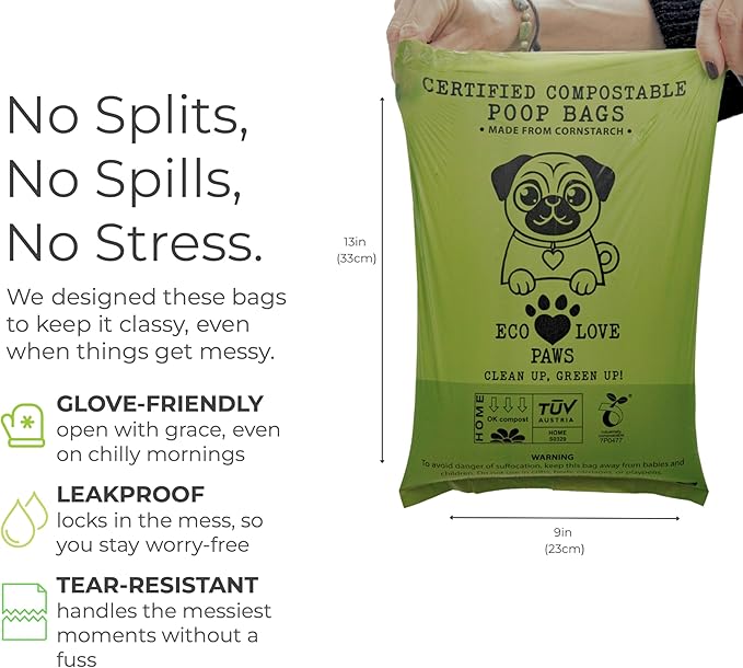 100% Certified Home Compostable Dog Poop Bags, Extra Thick, Plant-Based, Plastic-Free, Unscented, 240 Bags (16 Rolls), Leakproof & Easy Open