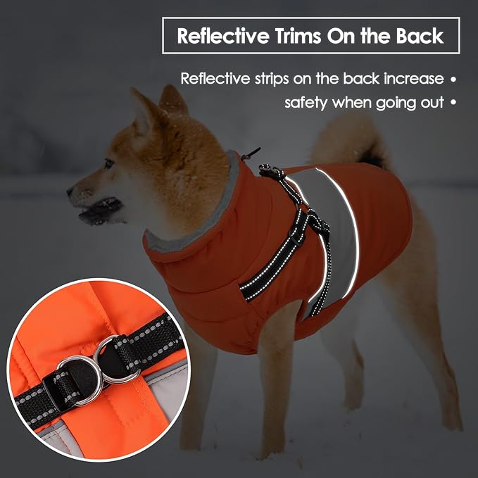 Small Dog Coat with Harness Built in, Warm Dog Jacket Winter with Zipper On Back, Waterproof Pet Snow Jacket Snowsuit Pet Sweater Clothes for Schnauzer, Yorkshire Terrier, Orange S
