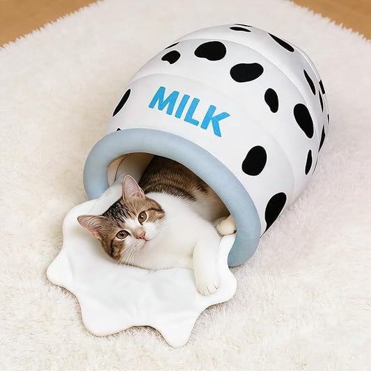 Milk Bottle Cat Cave Bed - Covered Cat Beds for Indoor Cats with Removable & Washable Cushion, Enclosed Kitten Puppy Hut, Cute Kitty Hideaway for Small Cats Dogs and Pet Breeds