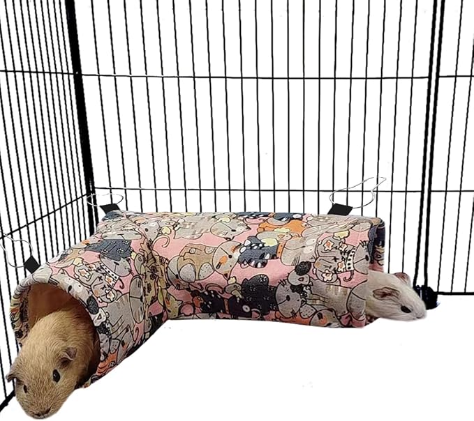 Guinea Pig Rat Tunnel Ferret Hammock, Small Animal Corner Tunnel & Tubes & Bed for Hedgehog Piggy Chinchilla Hideout Toys and Cage Accessories (Pink Cat)