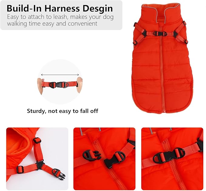 Geyecete Winter Warm Coat Waterproof Dog Winter Jacket with Harness Traction Belt,Windproof Pet Outdoor Jacket Dog Autumn-Orange-S