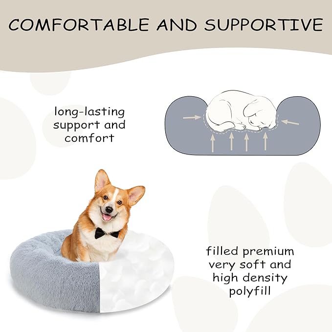 Bunlitent Calming Dog Bed Medium Size Dogs,30'' inch Plush Anti-Anxiety Donut Dog Bed for Medium Large Dogs, Warming Cozy Round Cuddler Nest Pet Bed, Grey