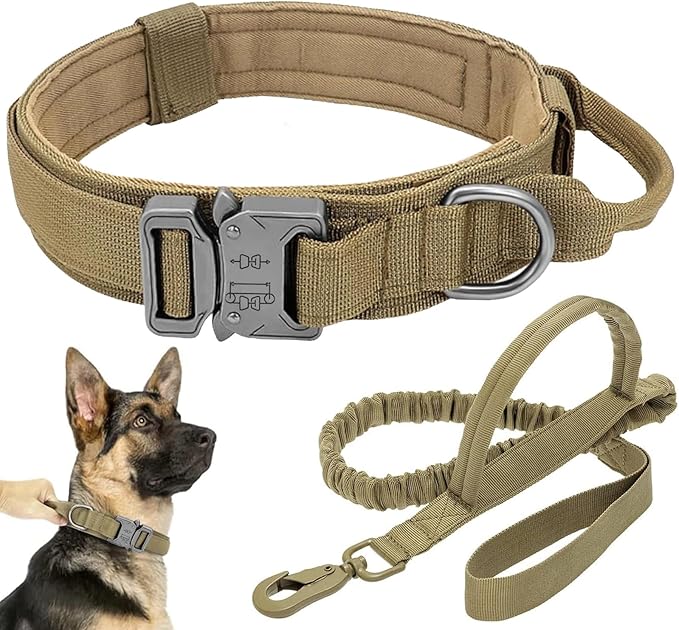 Tactical Dog Collar Leash Set, Adjustable Military Training Nylon Collar Dog Training with Control Handleand Metal Buckle, Dog Collar for Medium Large Dogs (Brown,M)