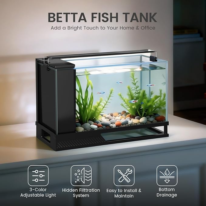 Fish Tank Kit Starter Aquariums 4 Gallon with Bottom Drainage | For small tropical fish, guppies, or betta|with Light and Filter Pump|Multi-stage filtration