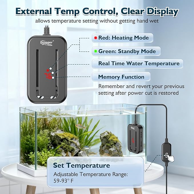 hygger 15-25 Gallon Short Fish Tank Heater, 150W 200W 250W Adjustable Submersible Aquarium Heater with Digital Display Controller, Run Dry & Overheating Protection