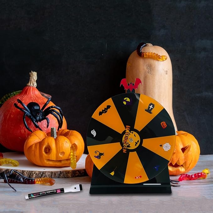 iobiotio Halloween Party Spinning Prize Wheel, 8 inch Halloween Game Spinner Wheel for Prizes with Stand, 10 Slots Color Small Tabletop Roulette Spinner, Easy Assembly and Erasable, Portable