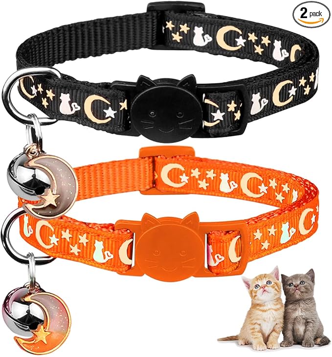 Baeuppit 2PCS Breakaway Cat Collars with Bell Cute Kitty Glow in The Dark Adjustable Kitten Collars(Orange&Black)