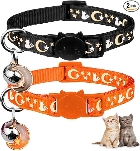 Baeuppit 2PCS Breakaway Cat Collars with Bell Cute Kitty Glow in The Dark Adjustable Kitten Collars(Orange&Black)