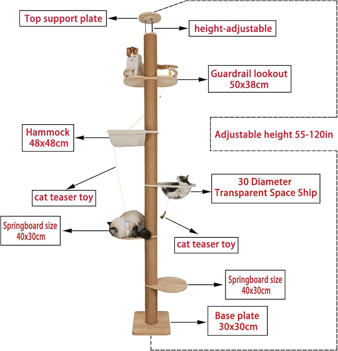 Floor to Ceiling Cat Tree Height (50-120.5in) Adjustable Cat Tower 5 Tier Hemp Scratching Post High Cat Tree Sturdy Activity Tree Indoor Outdoor Cat Scratching Post Activity Center