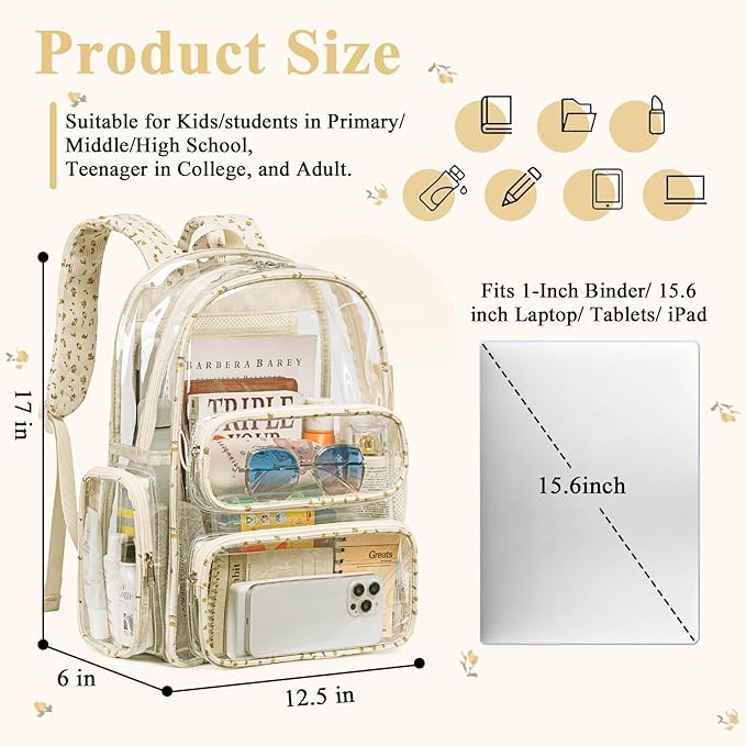 CAMTOP Clear Backpack Heavy Duty Transparent Bag See Through BookBag for Student School Work Festival Sport Travel (Beige Flower)