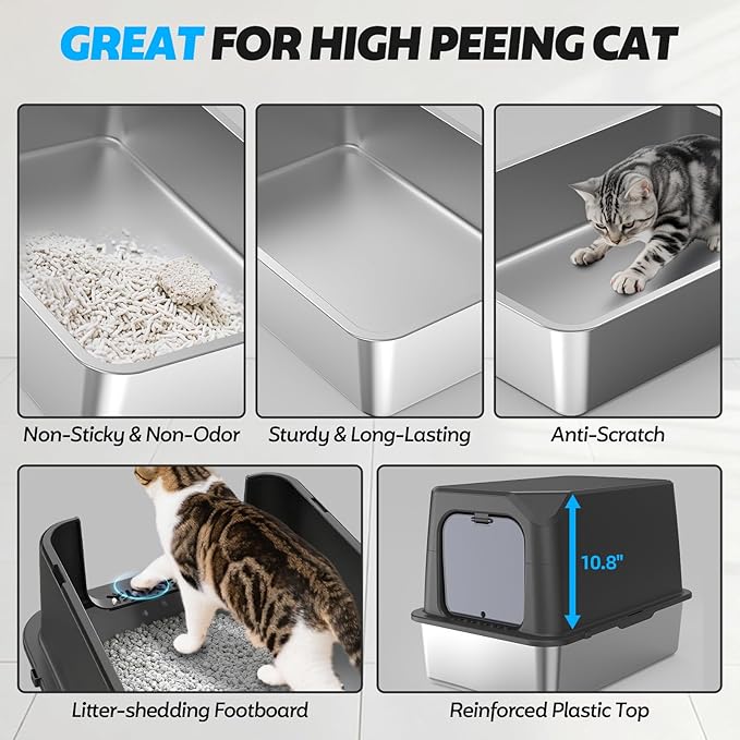WoofiGo Enclosed Stainless Steel Cat Litter Box with Lid, XL Extra Large Litter Box for Big Cats, Metal Litter Pan High Sided, Never Absorbs Odors, Anti-Urine Leakage, Include Scoop (Dark Grey)