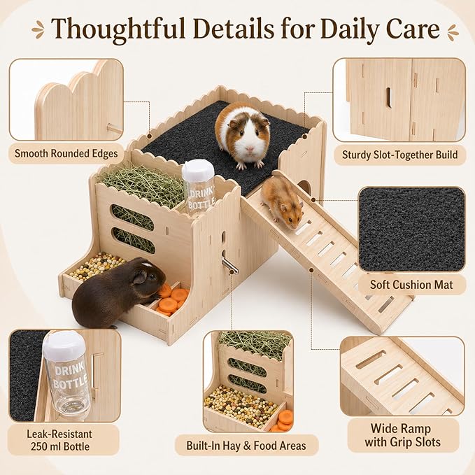Large Guinea Pig Hideout, Hamster Hideout, with ramp, Easy to Assemble, Sturdy Wooden Small Animal Bed Platform, with Water Bottle, Granary, Used for Small Animal House Habitat or Hamster Hideout