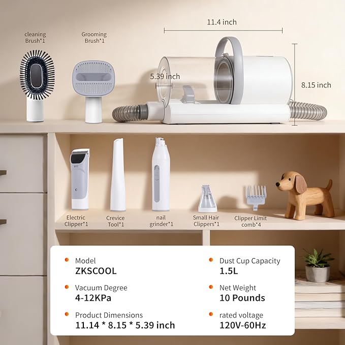 Dog Grooming Kit & Dog Grooming Vacuum with Suction, 6 in 1 Pet Grooming Vacuum for Shedding, Low Noise Dog Hair Vacuum with 1.5L Cup, Electric Dog Clippers for Grooming Thick Hair Cats & Dogs