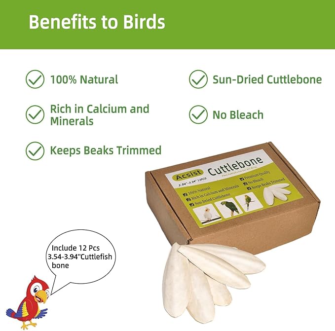 3.5"-4" Cuttlebone for Birds,Parakeets Cuddle Bone Beak Trimming,Premium Calcium Natural Cuttlefish Bone for Parrot,Cockatiel,Budgie,Tortoise, Snails,Reptiles,12 Pcs