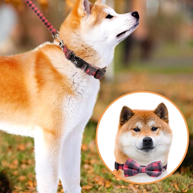 IVY&LANE Dog Collar with Bowtie and Leash Set | Plaid Adjustable Dog Collar | Detachable Bow Tie |5 FT Dog Leash | for Small Medium Large Dogs | Checkered Red | Medium