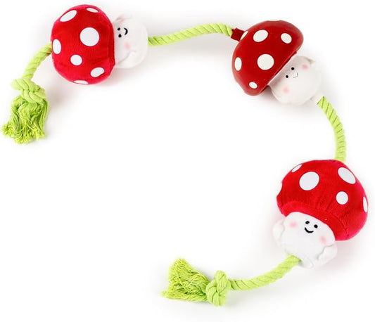 Fuzzl Tugga Magic Shrooms Dog Toy 75cm - Rope Latex and Plush Dog and Puppy Throw Fetch and Tug with Squeaker Mushrooms Enrichment
