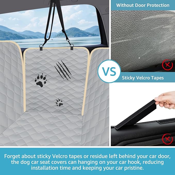 Lassie Dog Car Seat Covers for Back Seat with 2 Seat Belts, Waterproof Dog Car Hammock with Mesh Window Durable Scratch Proof Nonslip Pet Carseat Covers Universal Fit Protector for Cars, Trucks & SUVs
