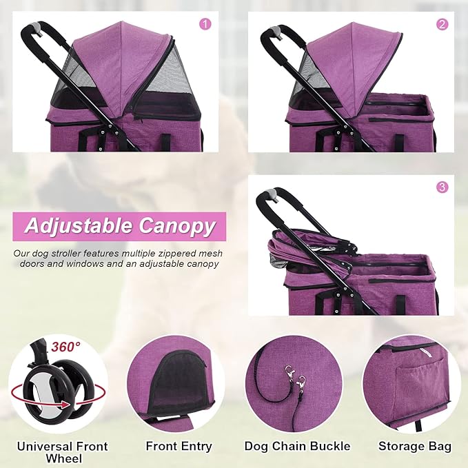 BestPet 3-Wheels Premium 3-in-1 Multifunction Pet Stroller for Medium Small Dogs & Cats - Detachable Carrier, Lightweight Folding Travel Stroller, Purple