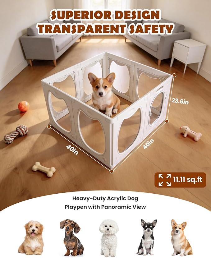 Clear Acrylic Dog Playpen with Door, 8 Panels Clear Dog Playpen Indoor, 23.6" Transparent Pet Fence, Expandable Puppy Playpen with Suction Cups, Easy Assemble for Small Dogs/Puppies/Cats