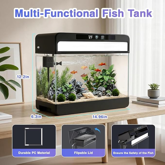 3 Gallon Fish Tank Starter Kit, Small Aquarium for Betta, Black | 3-in-1 Silent Water Filter with Filtration Circulation Oxygenation Temperature Display 7 Colors LED Lights, Artificial Plant