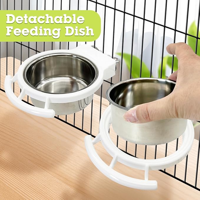 Stainless Steel Bird Bowls for Cage 2 Pcs Parrot Feeding Dish Metal Food and Water Cups Detachable Birds Cage Feeder Hanging Finch Food Plates with Perch for Parakeet Budgie Lovebird (White)