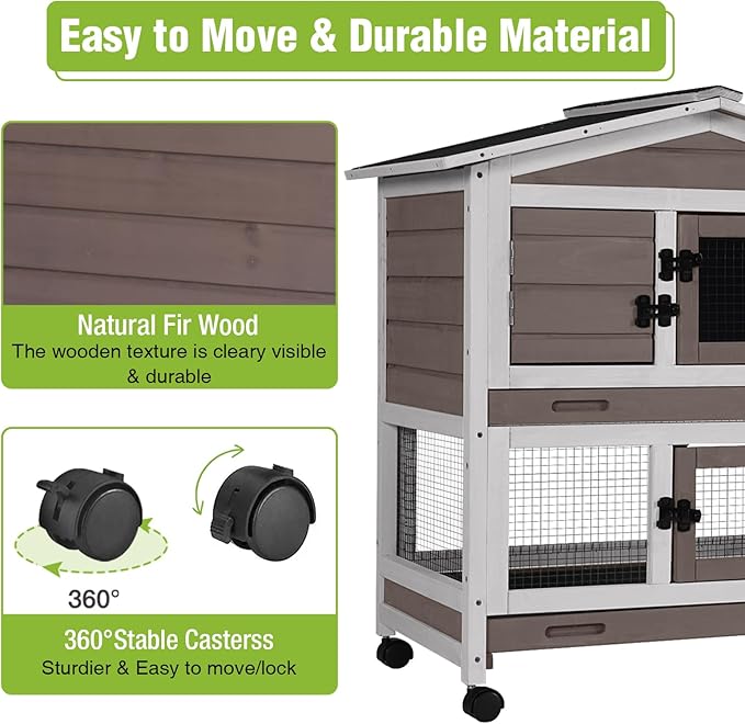Large Rabbit Hutch Indoor Outdoor, Wooden Rabbit Cage with Wheels, 62'' Mobile Bunny Cage with Chew-Proof Ramp, Pull-Out Tray, Waterproof Roof, Guinea Pig Habitat (Brown)