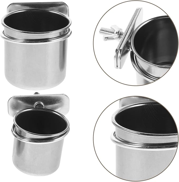 Stainless Steel Bird Feeder Cups with Clamp Holder, 4.4cm and 5.5cm Parrot Feeding Bowls for Cage, Hanging Coop Food Dish for Budgie Cockatiel Parakeet