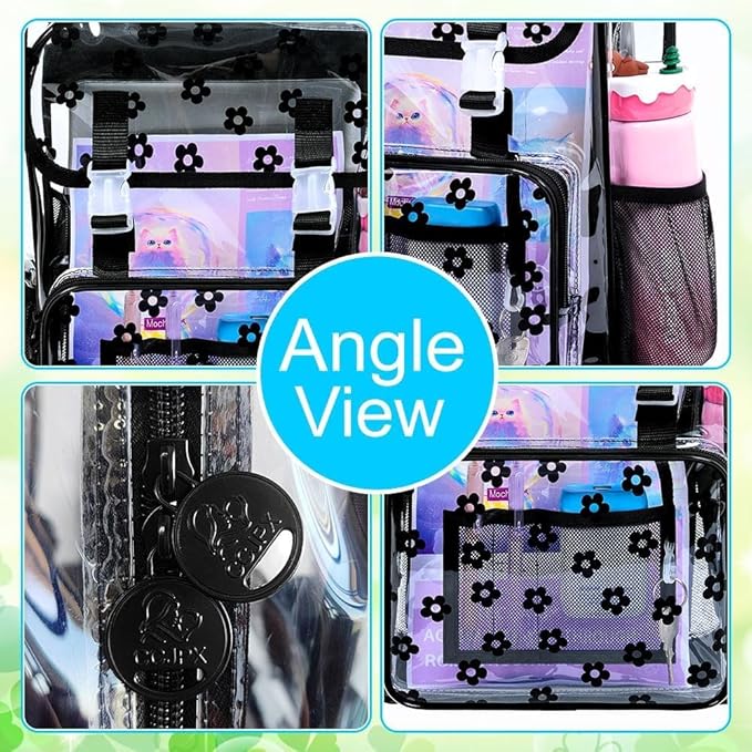 17" Plum Blossom Clear Backpack for Girls - 3Pcs Flip Design Stadium Approved Set, Campus/School Transparent Bookbag (Black)
