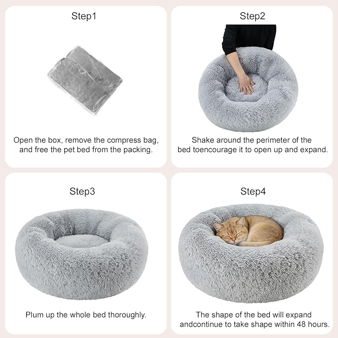 Dog Calming Beds for Small Medium Dogs - Round Donut Washable Dog Bed, Anti-Slip Faux Fur Fluffy Donut Cuddler Anxiety Cat Bed(Light Grey 28")