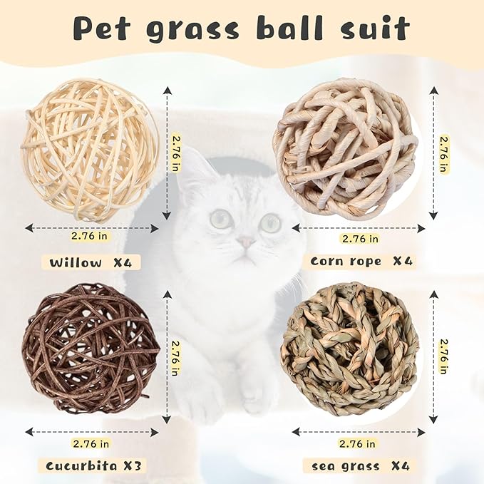 Skylety 15 Pieces Bunny Chew Balls for Rabbits, Small Animal Rolling Grass Toys and Treats for Guinea Pigs, Chinchillas, Hamsters, Mice, Teeth Grinding, Gnawing and Play(Classic Style,2.76")
