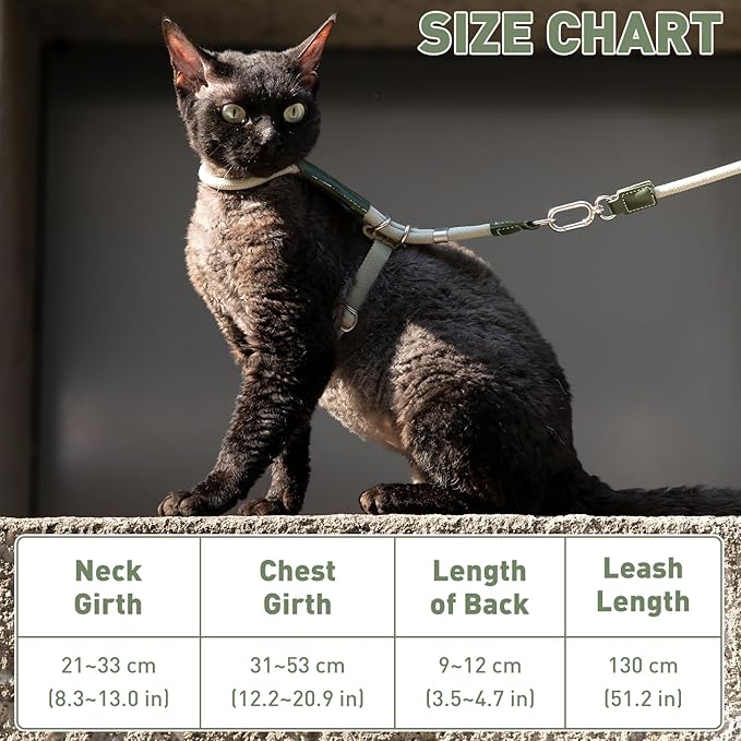 ETIAL Premium Adjustable Escape-Proof Cat Harness & Leash Set with Leather Sliding Back, 4.3ft Nylon Rope, Cross-Strap, Heavy-Duty Buckles for Secure Walking (Olive Green, Back Length 3.5”-4.7”)