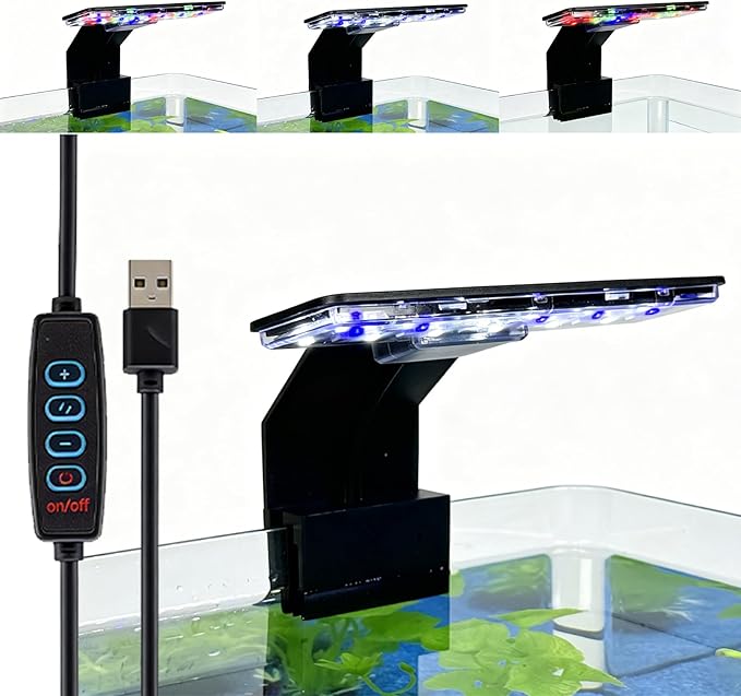 Mini Clip On Aquarium Light 7W Full Spectrum Fish Tank Light with 3 Colors & Dimmable Brightness, USB Moving Small LED Fish Lamp for 1-3 Gallon Tanks