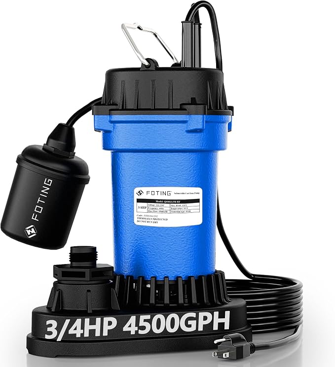 FOTING 3/4HP Submersible Sump Pump,4500 GPH Cast Iron Sewage/Effluent Pump,Automatic Tethered Float Switch,Septic Pump for Basement,Septic Tank,Basin,Sewage Well,1-1/2" NPT Discharge, Dark Blue