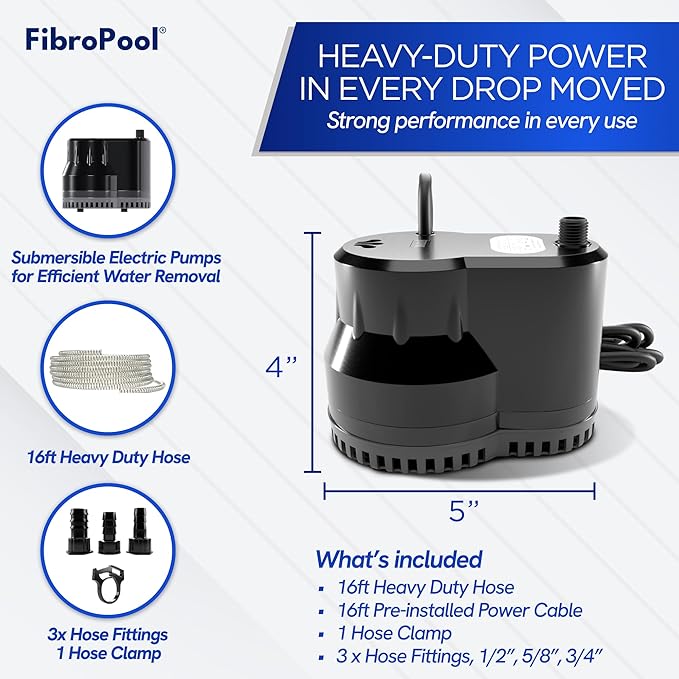FibroPool 75W Submersible Pool Cover Pump – 10 GPM, 16 ft Hose Included – 120V Electric – Above Ground & Inground Pools, Spas & Ponds – ABS Plastic